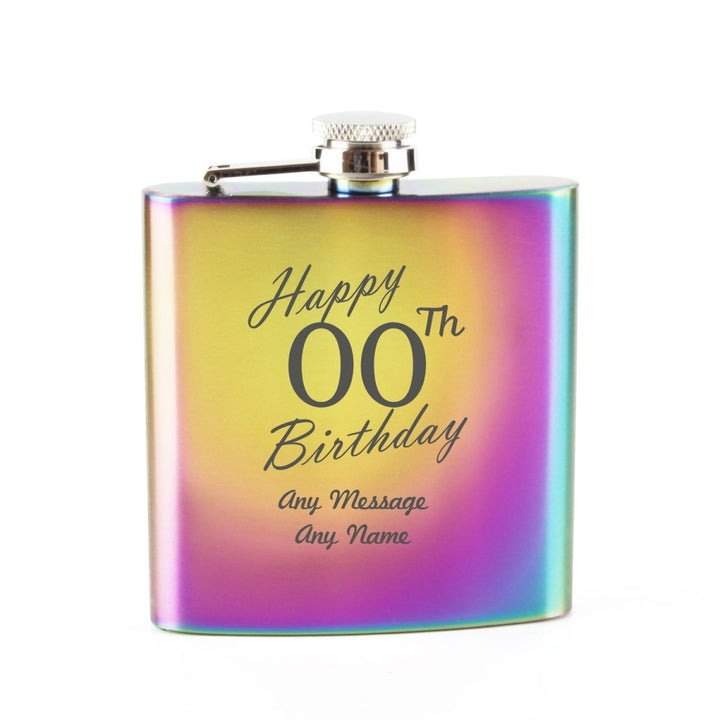 Engraved 6oz Rainbow Steel Hip Flask Happy Custom Number Birthday