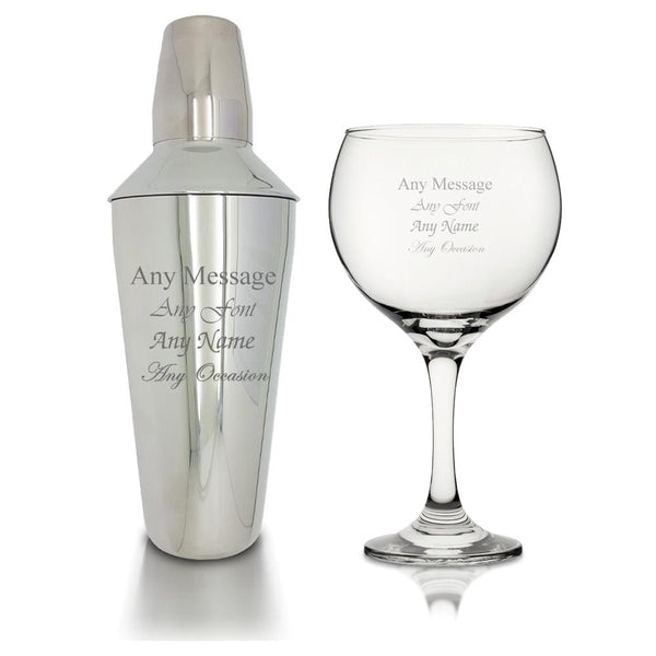 Engraved Cocktail Shaker with Strainer and Gin Balloon Glass