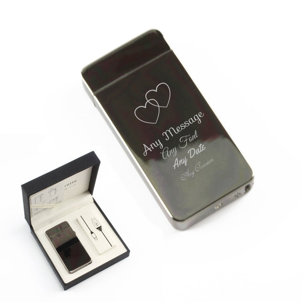 Engraved Electric Arc Lighter, Black, Overlapping Hearts
