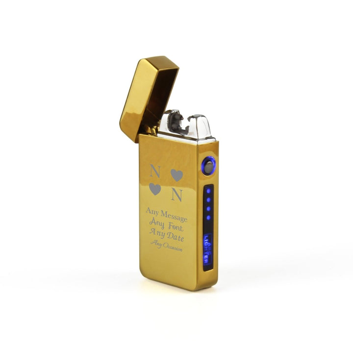 Engraved Electric Arc Lighter, Gold, Heart Initials, Gift Boxed