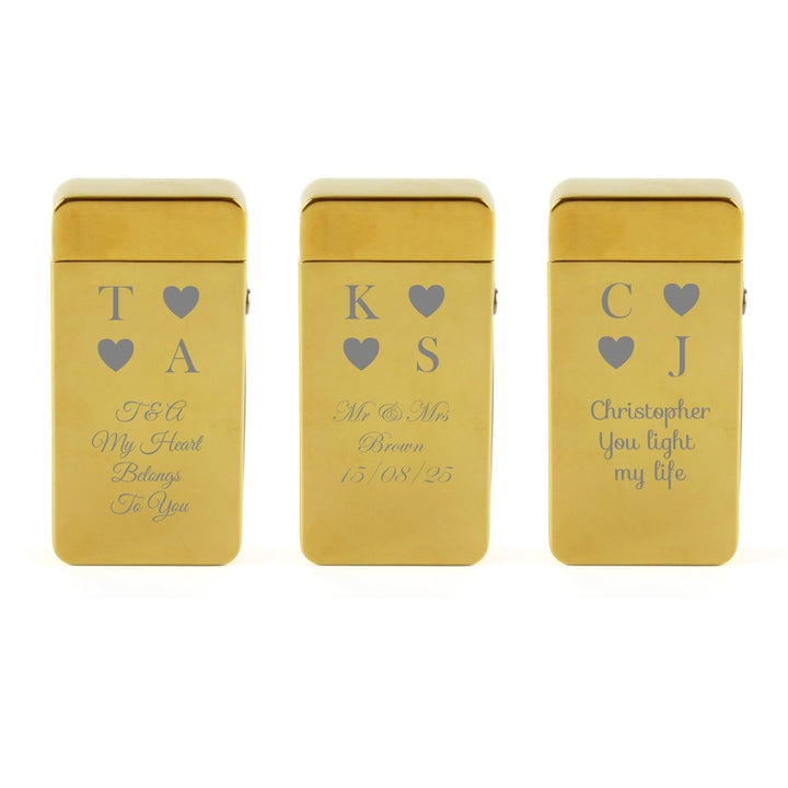 Engraved Electric Arc Lighter, Gold, Heart Initials, Gift Boxed