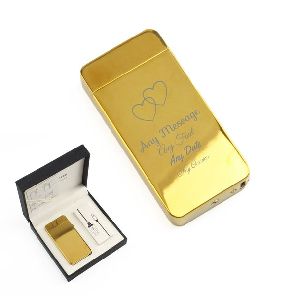 Engraved Electric Arc Lighter, Gold, Overlapping Hearts