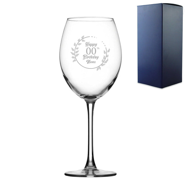 Engraved Enoteca Wine Glass Happy 20th, 30th, 40th, 50th...Birthday Wreath, Gift Boxed