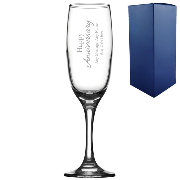 Engraved Happy Anniversary Champagne Glass, Any Message, 7.5oz Imperial, Handwritten Design