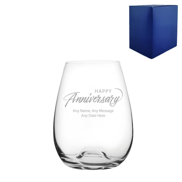 Engraved Happy Anniversary Stemless Wine Glass, Any Message, 15oz Bordeaux, Script Design