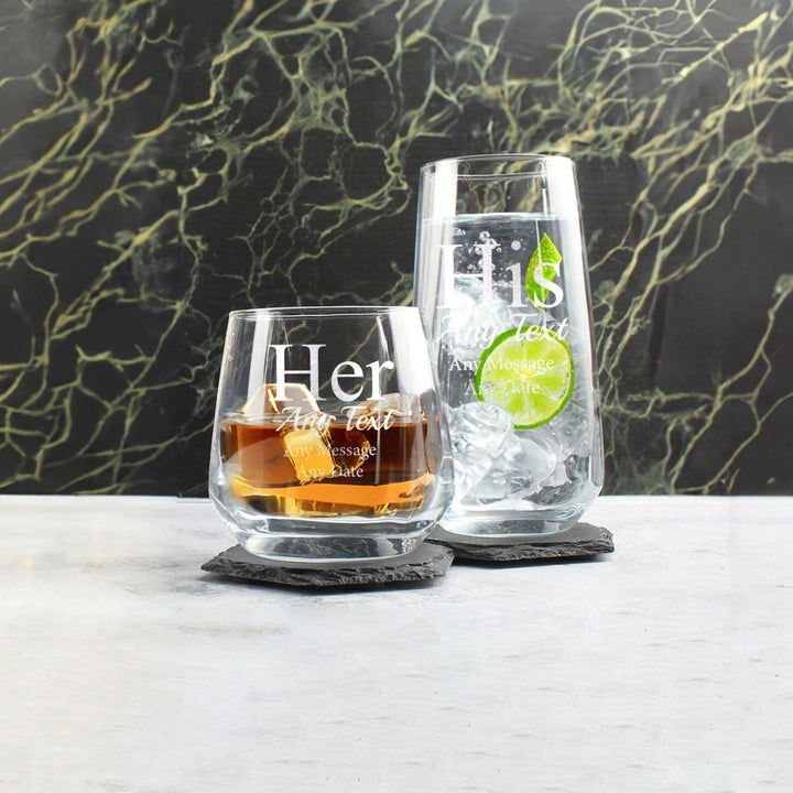 Engraved His and Hers Any Text Whisky and Cocktail Glass Set