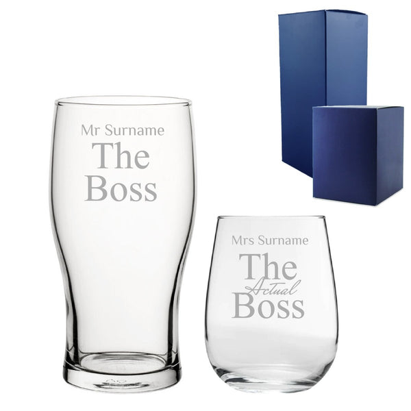 Engraved His and Hers Beer and Stemless Wine Set, The Actual Boss