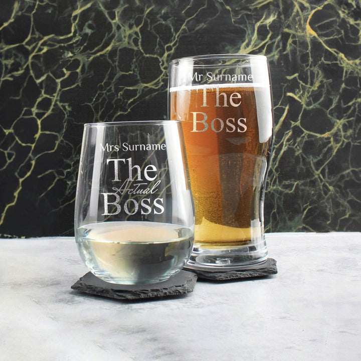Engraved His and Hers Beer and Stemless Wine Set, The Actual Boss