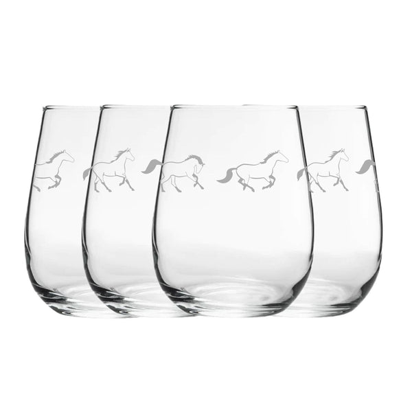 Engraved Horse Pattern Set of 4 Gaia Stemless Wine 12oz Glasses