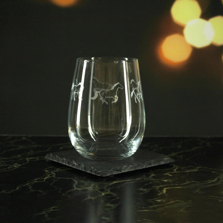 Engraved Horse Pattern Set of 4 Gaia Stemless Wine 12oz Glasses