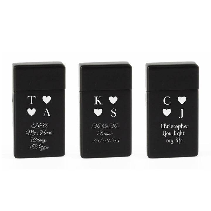 Engraved Jet Gas Lighter Black Heart Initials Gift Boxed