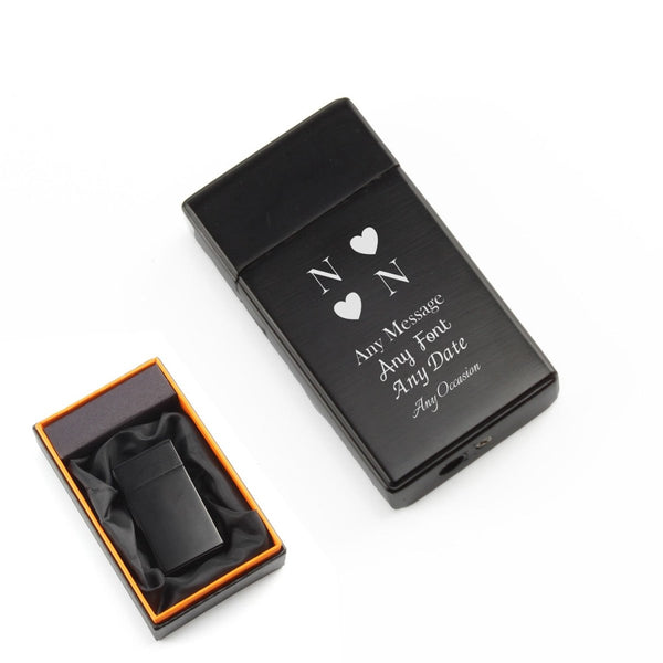 Engraved Jet Gas Lighter Black Heart Initials Gift Boxed