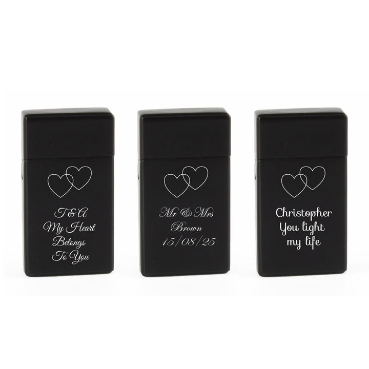 Engraved Jet Gas Lighter Black Overlapping Hearts Gift Boxed