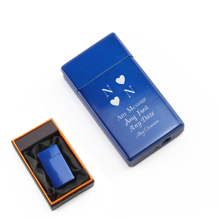 Engraved Jet Gas Lighter Blue Heart Initials Gift Boxed