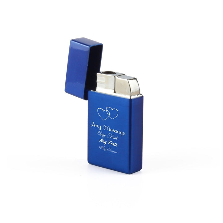 Engraved Jet Gas Lighter Blue Overlapping Hearts Gift Boxed