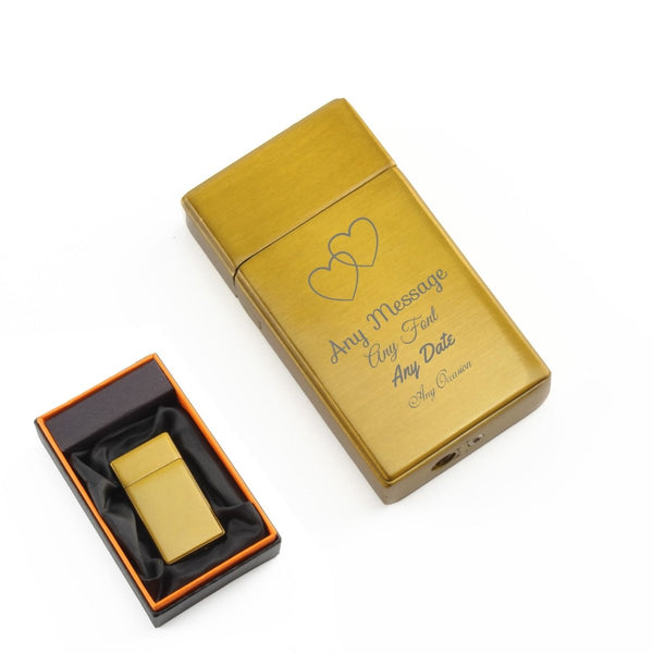 Engraved Jet Gas Lighter Gold Overlapping Hearts Gift Boxed