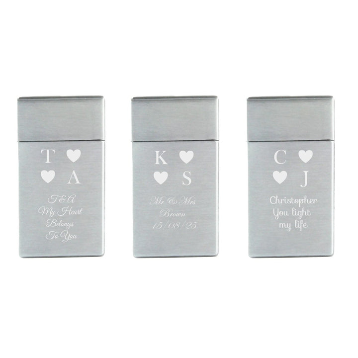 Engraved Jet Gas Lighter Silver Heart Initials Gift Boxed