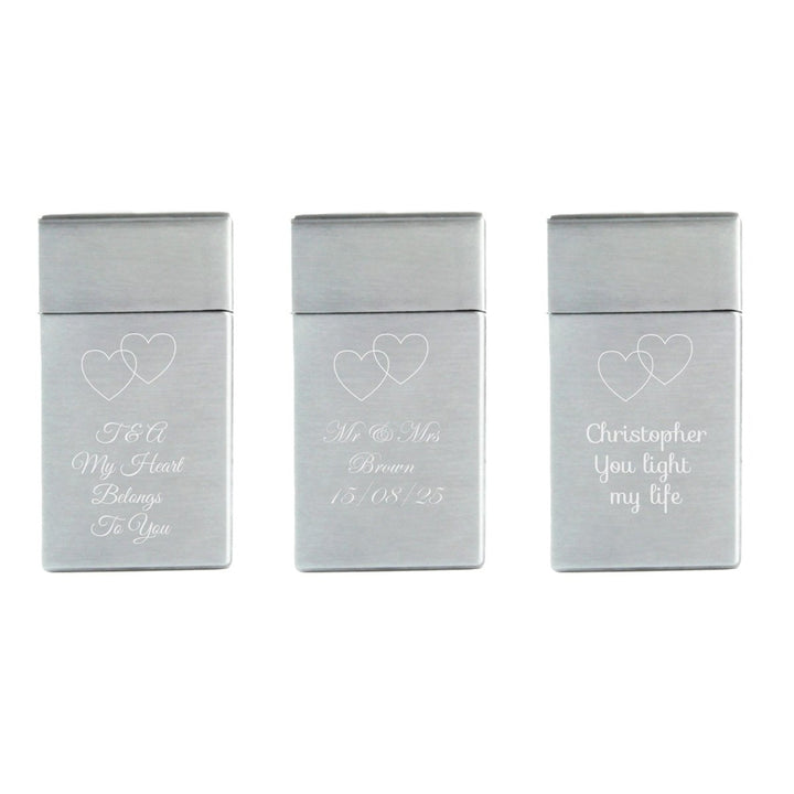 Engraved Jet Gas Lighter Silver Overlapping Hearts Gift Boxed
