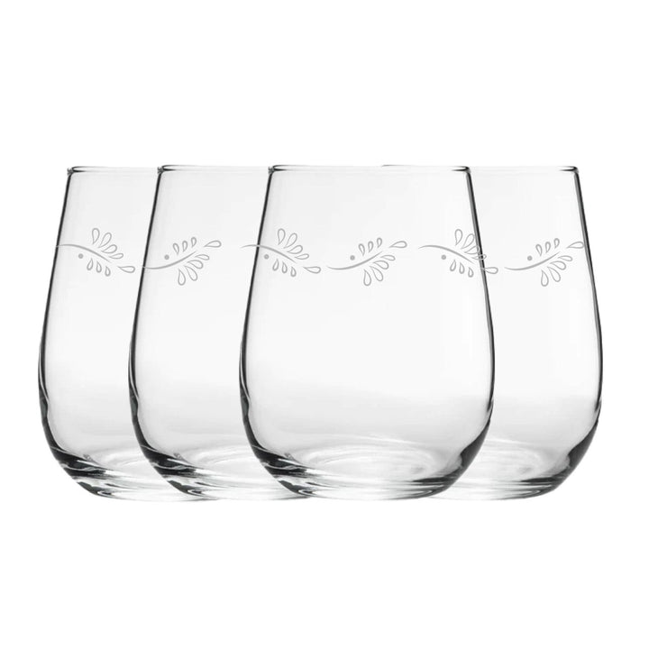 Engraved Leaves Pattern Set of 4 Gaia Stemless Wine 12oz Glasses