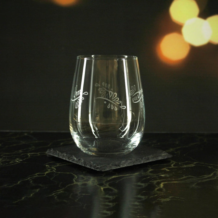 Engraved Leaves Pattern Set of 4 Gaia Stemless Wine 12oz Glasses