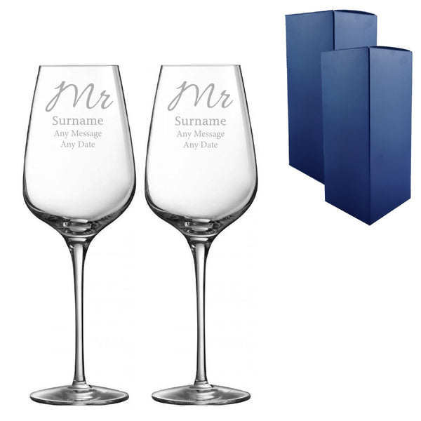 Engraved Mr and Mr Sublym Wine Glasses, 15.8oz/450ml, Elegant Font