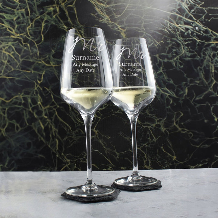 Engraved Mr and Mr Sublym Wine Glasses, 15.8oz/450ml, Elegant Font
