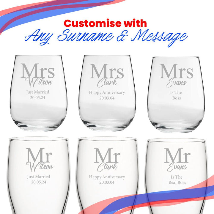 Engraved Mr and Mrs Beer and Stemless Wine Set, Classic Font