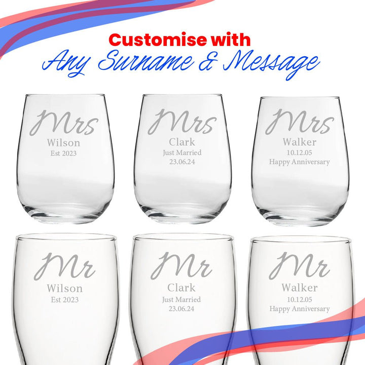 Engraved Mr and Mrs Beer and Stemless Wine Set, Elegant Font