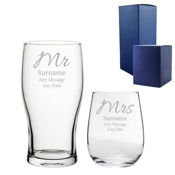 Engraved Mr and Mrs Beer and Stemless Wine Set, Elegant Font