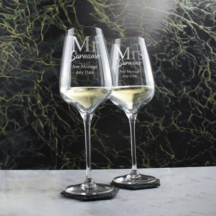 Engraved Mr and Mrs Sublym Wine Glasses, 15.8oz/450ml, Classic Font