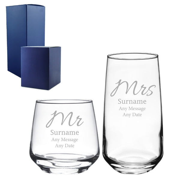 Engraved Mr and Mrs Whisky and Cocktail Set, Elegant Font