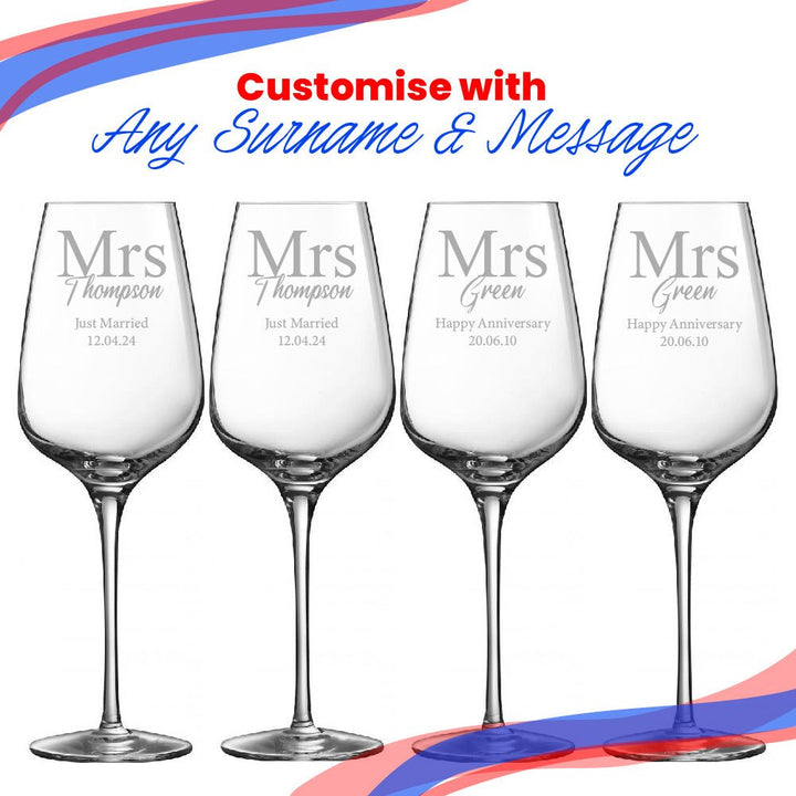 Engraved Mrs and Mrs Sublym Wine Glasses, 15.8oz/450ml, Classic Font