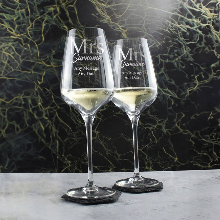 Engraved Mrs and Mrs Sublym Wine Glasses, 15.8oz/450ml, Classic Font