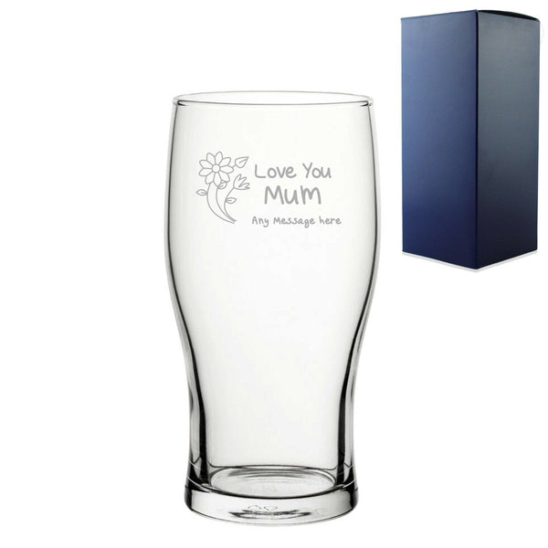 Engraved Pint Glass 20oz With Love You Mum Flower Design Gift Boxed