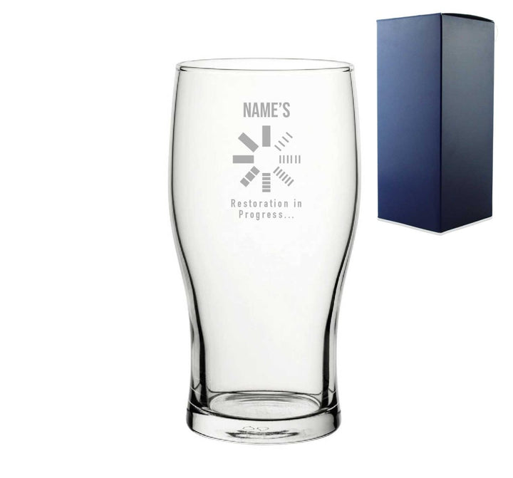 Engraved Pint Glass With Name Restoration in Progress , Gift Boxed, Personalise with any name for any gamer
