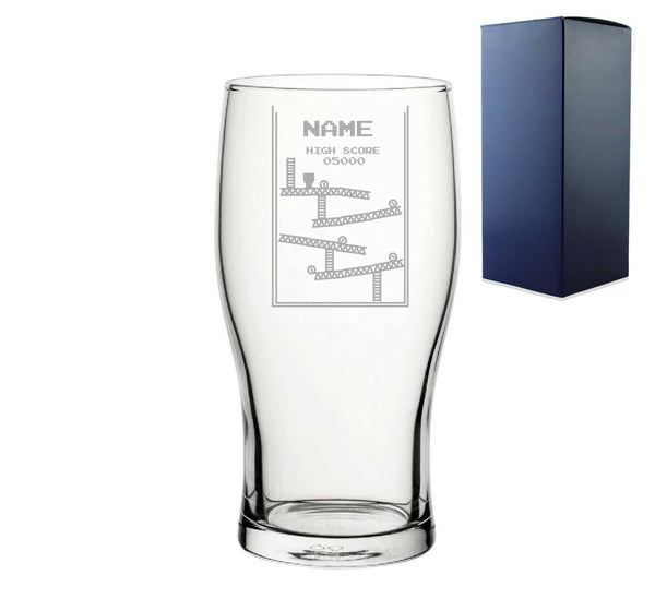 Engraved Pint Glass With Name Retro Arcade Game, Gift Boxed, Personalise with any name for any gamer