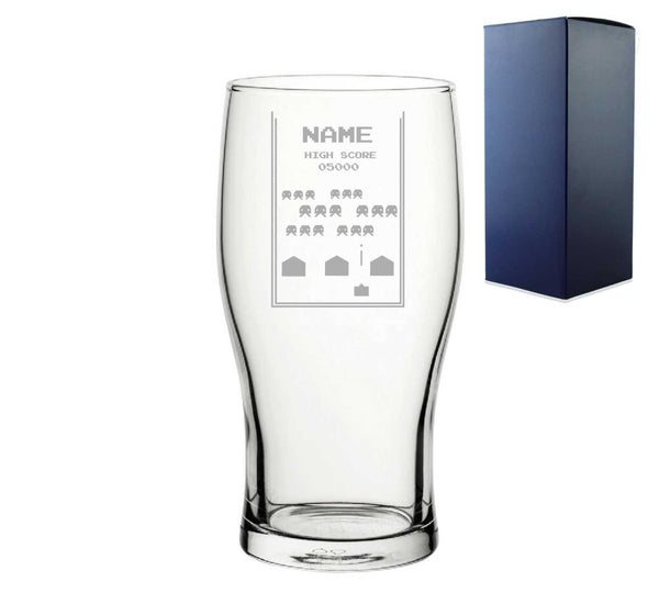 Engraved Pint Glass With Name Retro Space Arcade Game, Gift Boxed, Personalise with any name for any gamer