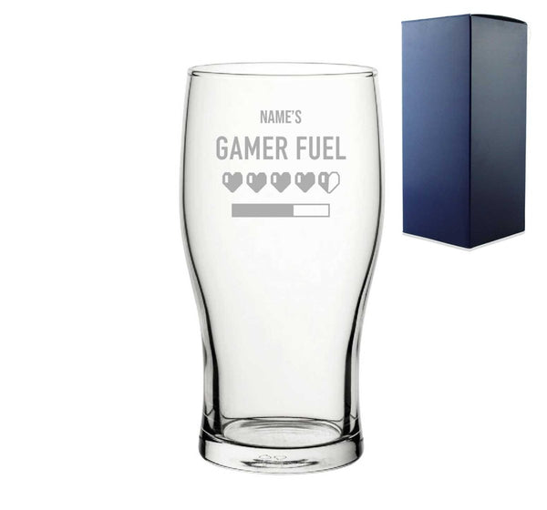 Engraved Pint Glass with Name's Gamer Fuel Hearts Design, Gift Boxed, Personalise with any name for any gamer