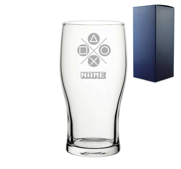 Engraved Pint Glass with Play Controller Button Design, Gift Boxed, Personalise with any name for any gamer