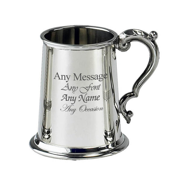 Engraved Pint Plain Pewter Tankard with Intricate Handle