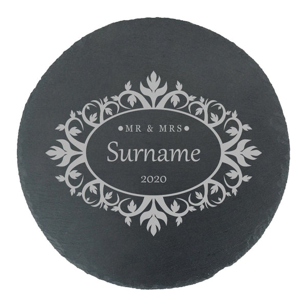 Engraved Round Slate Cheeseboard with Mr and Mrs Design