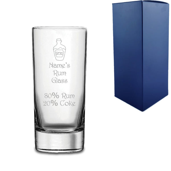 Engraved Rum Hiball Glass with Rum Bottle and Measurements Design