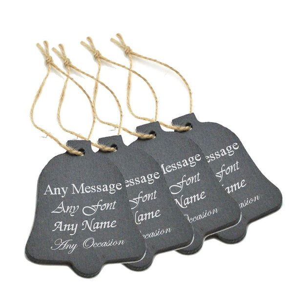 Engraved Set of 4 Christmas Tree Hanging Slate Bell Decorations