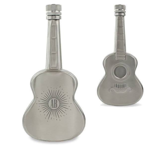 Engraved Silver 5oz Guitar Hip Flask with Sunburst Design