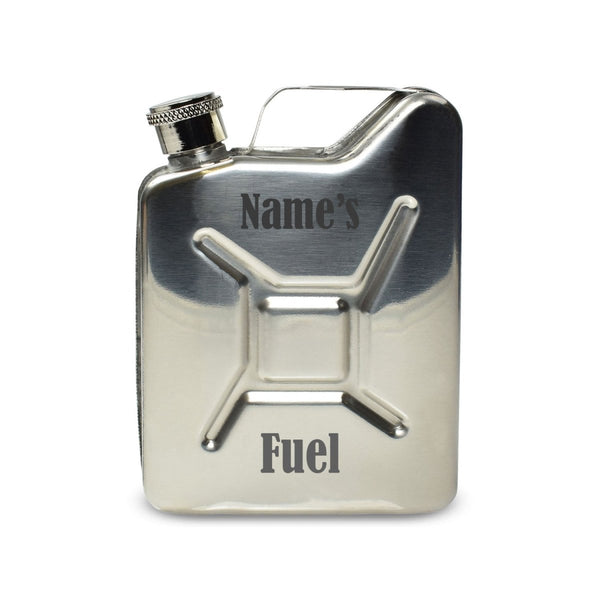 Engraved Silver Jerry Can Hip Flask with Fuel Design