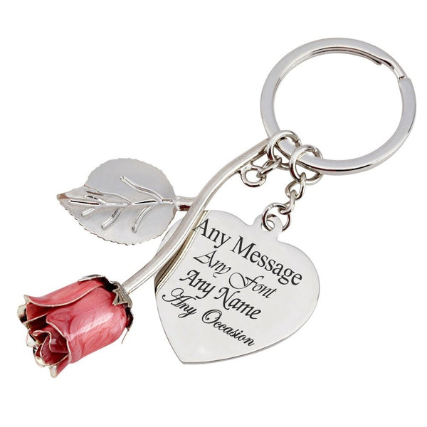 Engraved Silver Plated Pink Rose Keyring with Heart Pendant