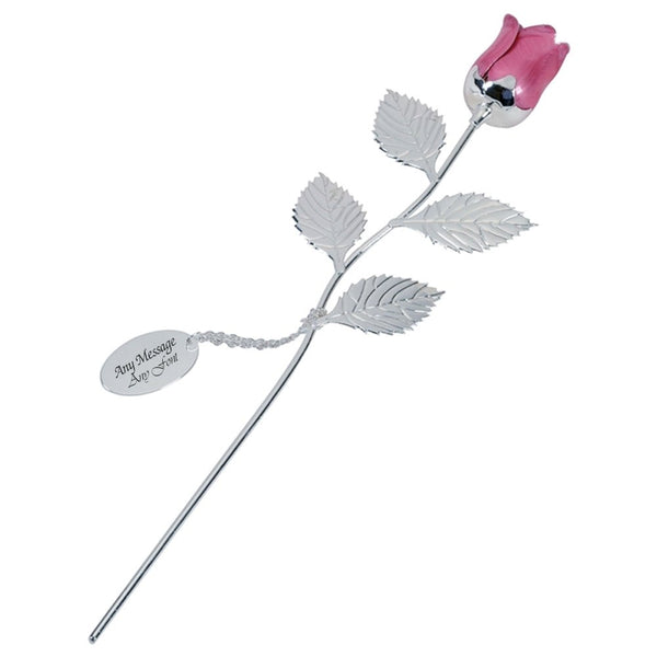 Engraved Silver Plated Pink Rose with Pendant