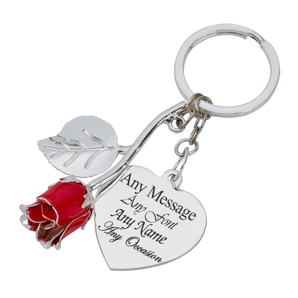 Engraved Silver Plated Red Rose Keyring with Heart Pendant