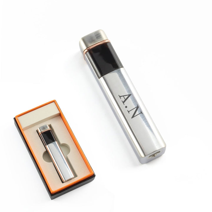 Engraved Slim Electric Lighter Silver Initials Gift Boxed