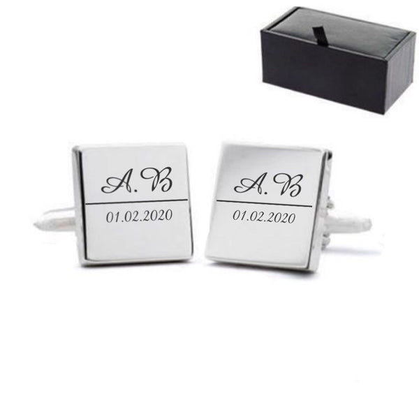 Engraved Square Cufflinks with Initial and Date Design